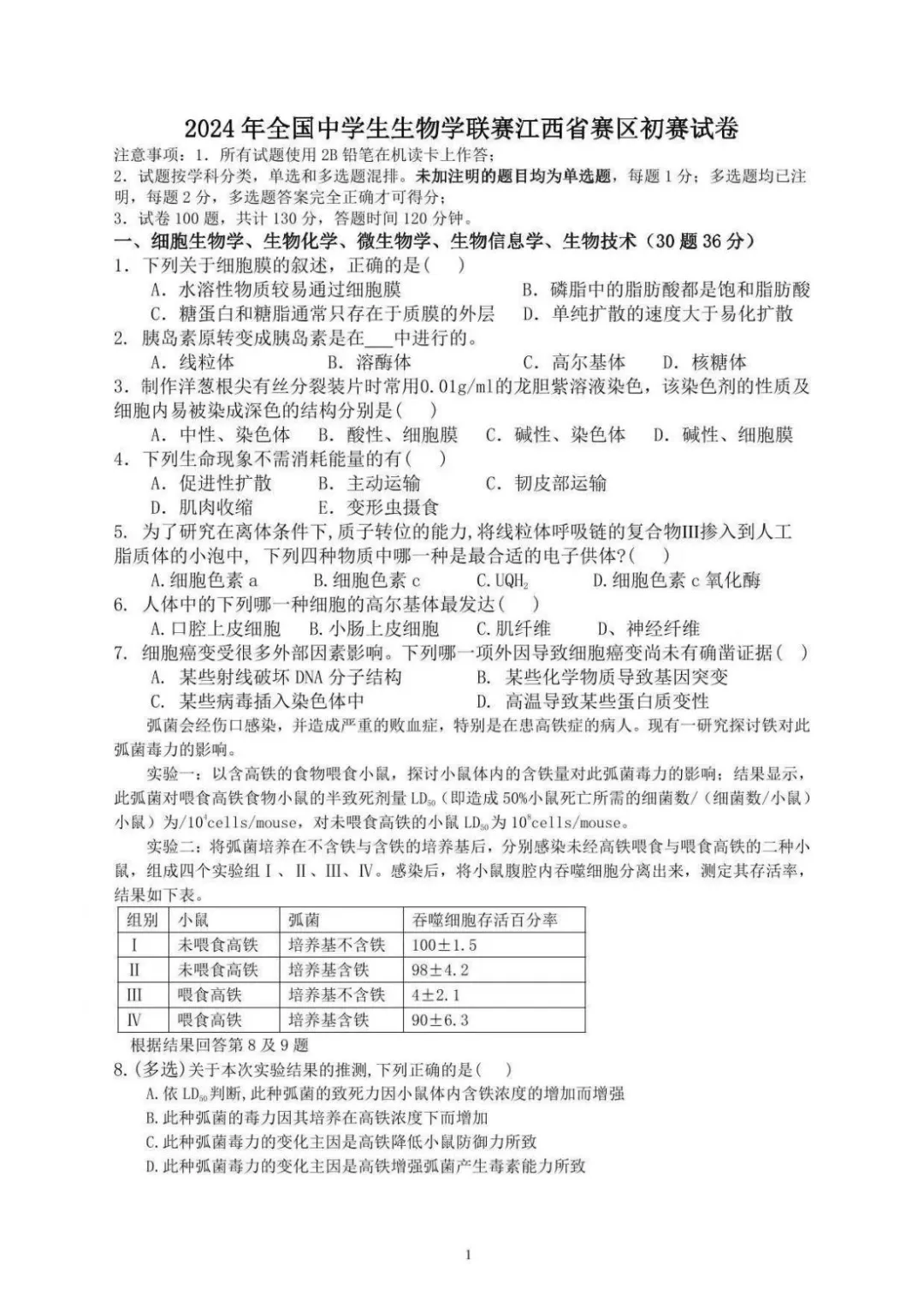 2024年江西省中学生生物学联赛初赛试题